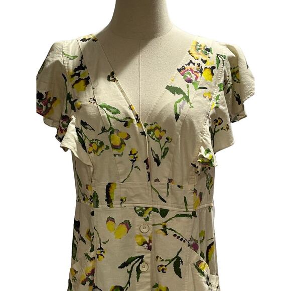 Tanya Taylor Inez Cream Multicolor Floral Print Linen Rayon Pockets Midi Dress 8 - Picture 8 of 16